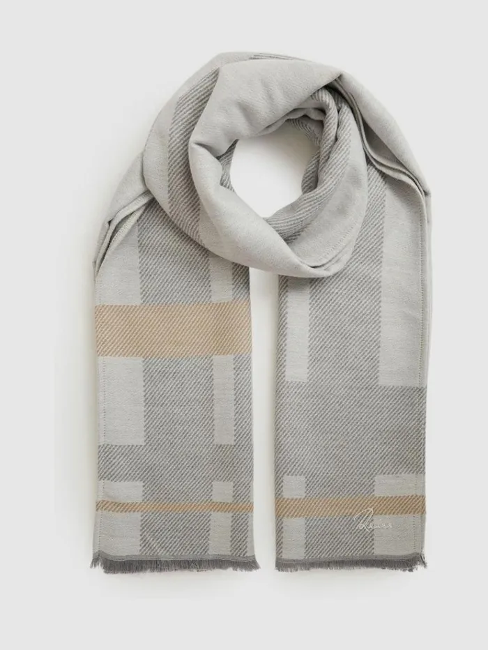 REISS Hats Gloves and Scarves Women Logo Embroidered Checked Scarf Grey