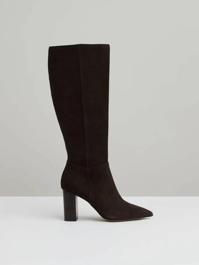 REISS Heels Women Block Heel Knee High Boots Chocolate
