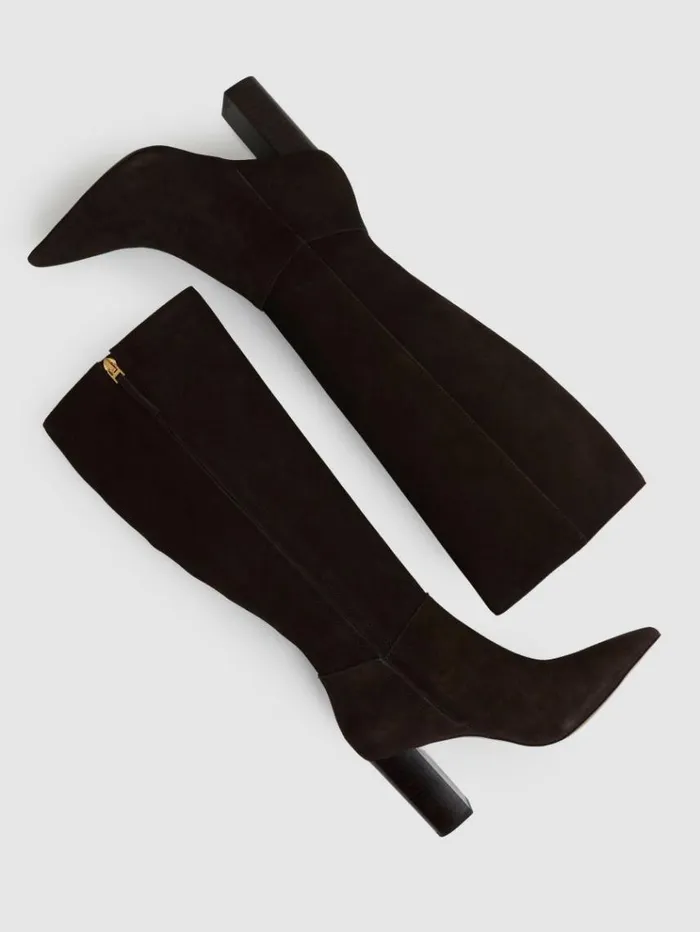 REISS Heels Women Block Heel Knee High Boots Chocolate