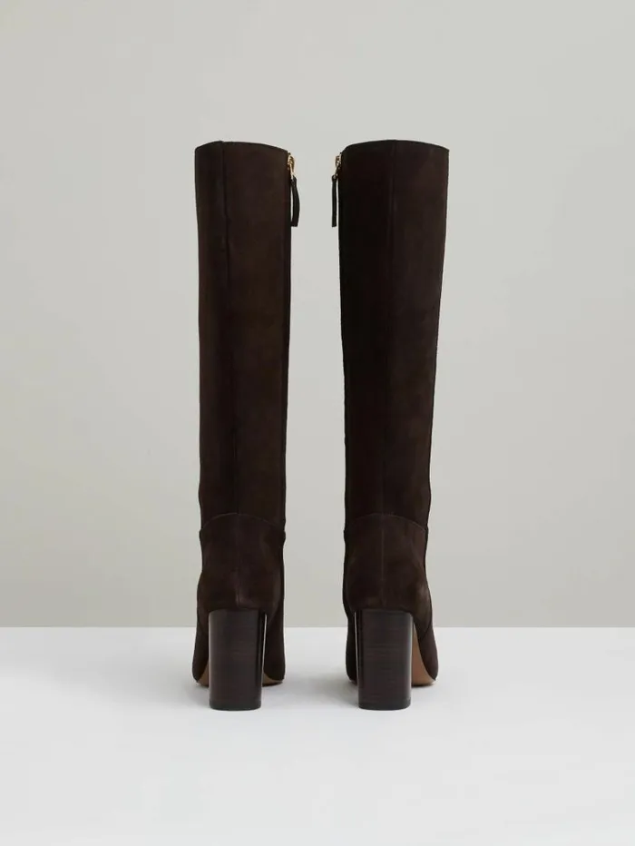 REISS Heels Women Block Heel Knee High Boots Chocolate