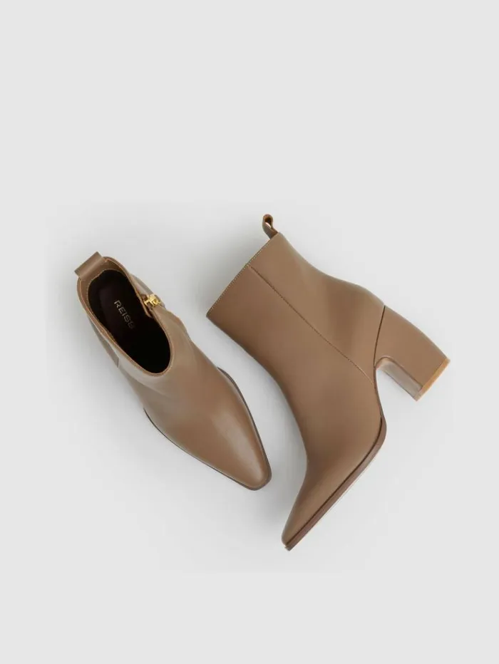 REISS Heels Women Leather Blocked Heel Ankle Boots Taupe