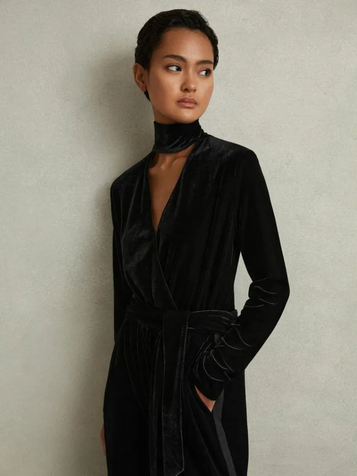 REISS Jumpsuits and Rompers Women Velvet Belted Wide Leg Jumpsuit Black
