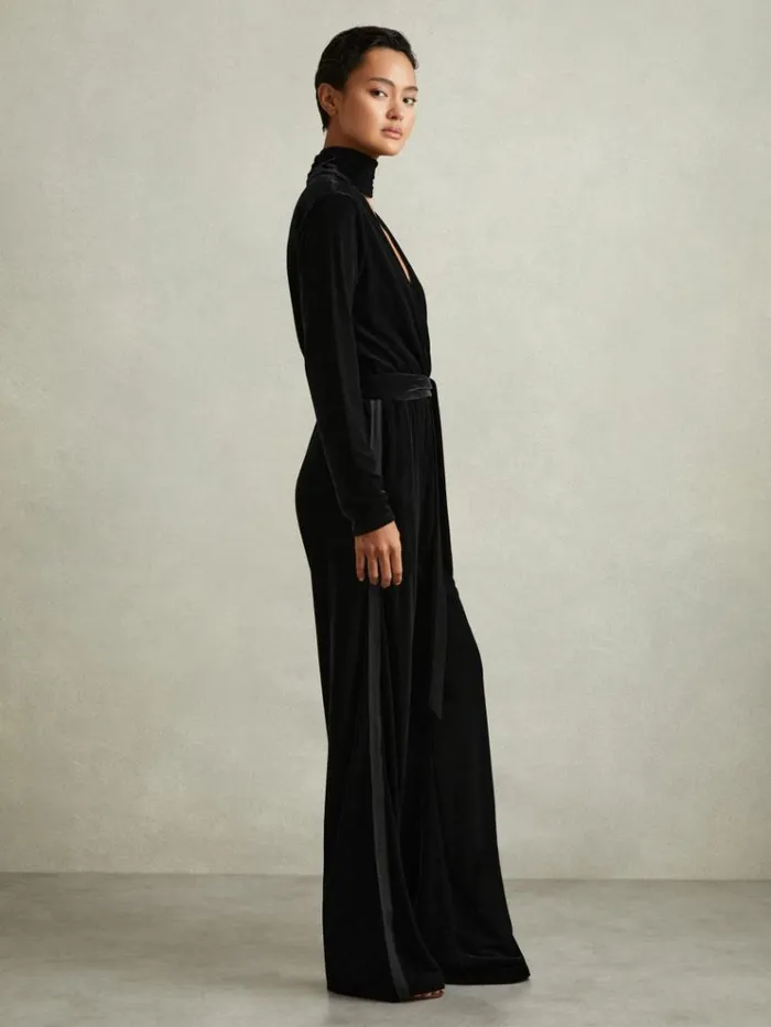 REISS Jumpsuits and Rompers Women Velvet Belted Wide Leg Jumpsuit Black