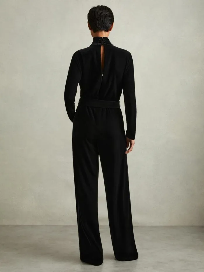 REISS Jumpsuits and Rompers Women Velvet Belted Wide Leg Jumpsuit Black