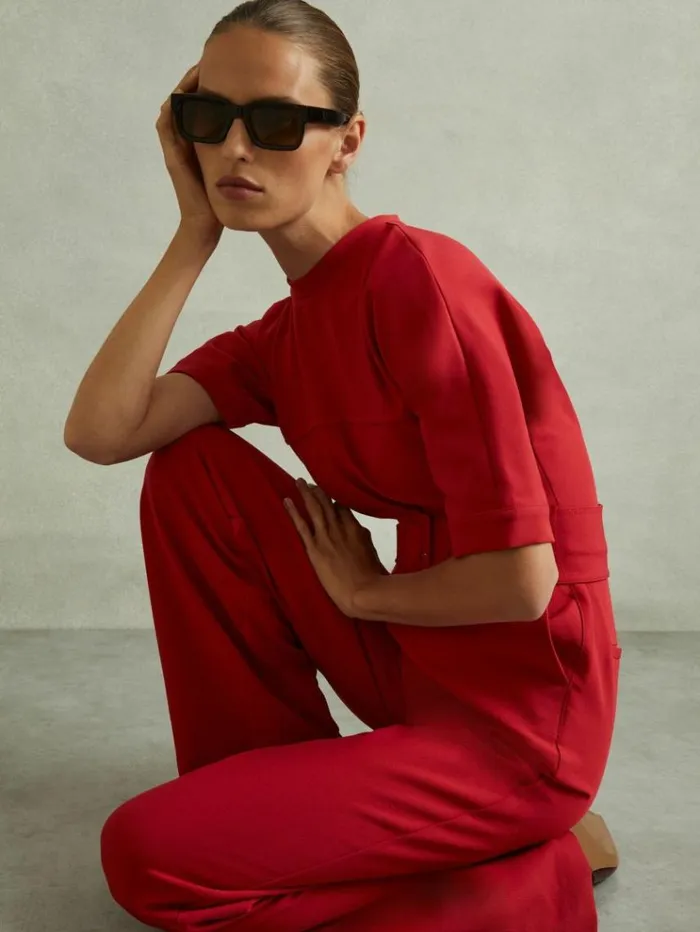 REISS Jumpsuits and Rompers Women Wide Leg Belted Jumpsuit Red
