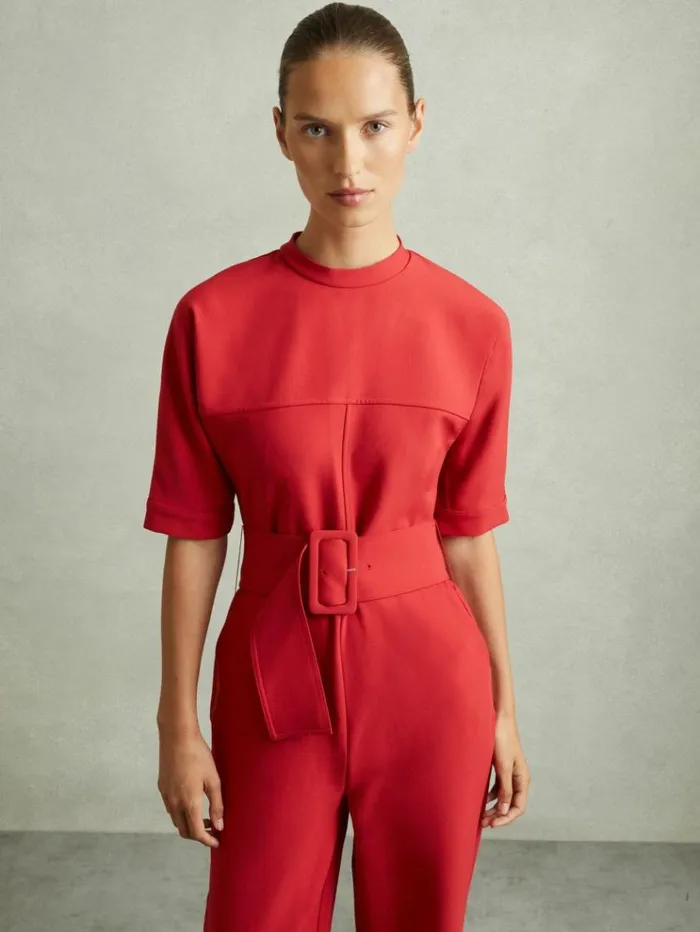 REISS Jumpsuits and Rompers Women Wide Leg Belted Jumpsuit Red
