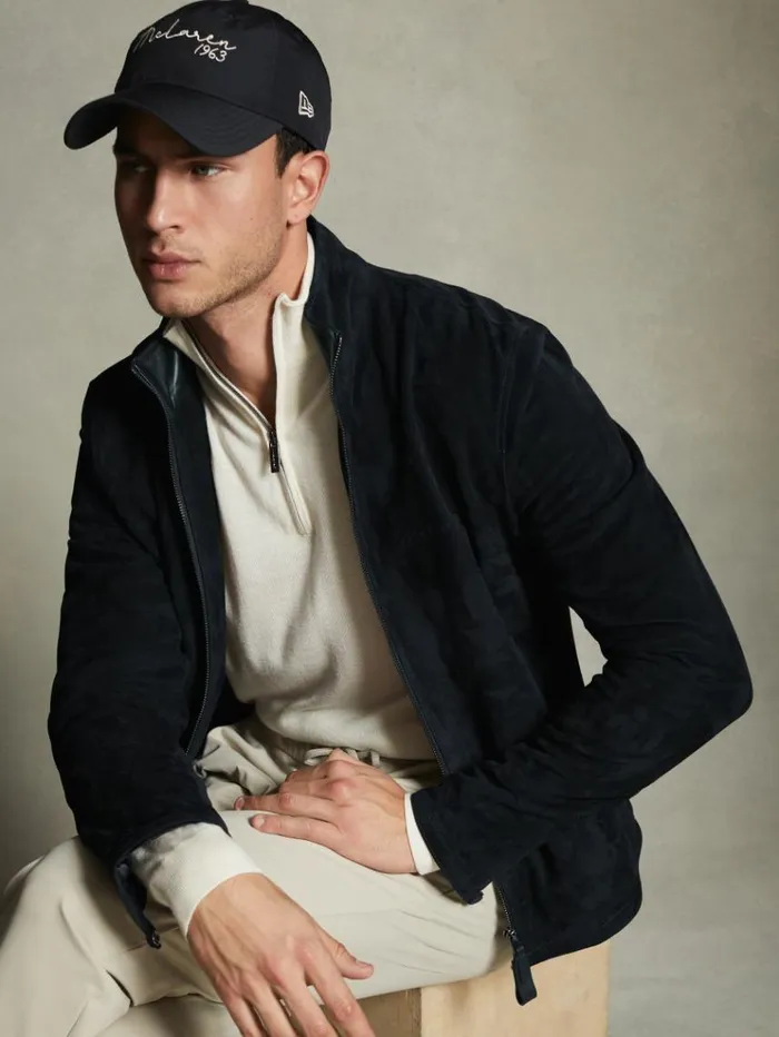 REISS Leather and Suede Jackets Men McLaren F1 Suede ZipThrough Jacket Navy