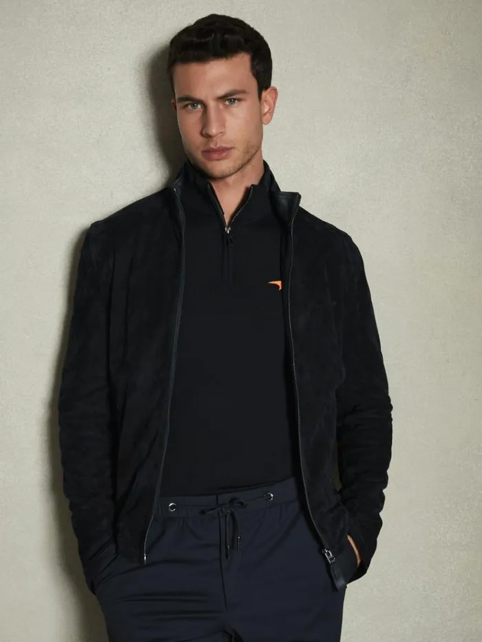 REISS Leather and Suede Jackets Men McLaren F1 Suede ZipThrough Jacket Navy