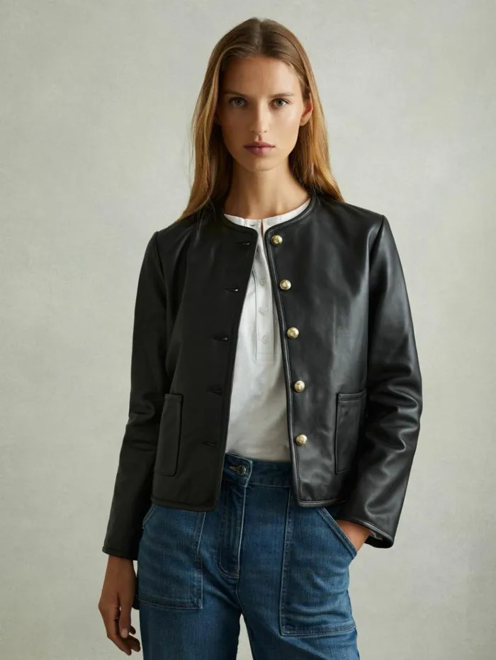 REISS Leather Jackets Women Cropped Leather Jacket Black