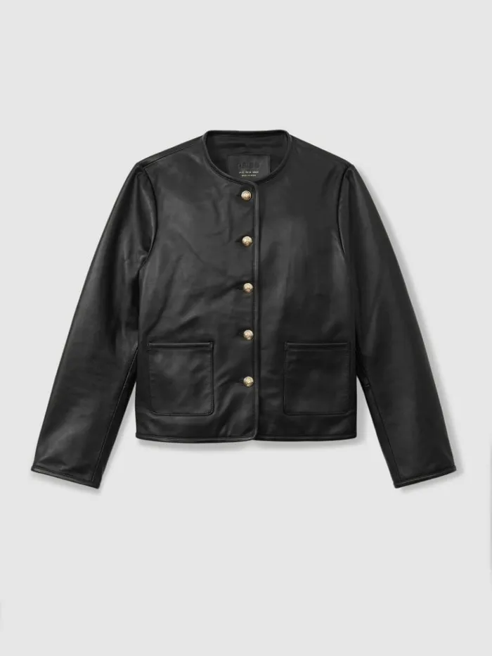 REISS Leather Jackets Women Cropped Leather Jacket Black