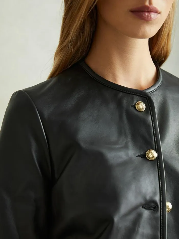 REISS Leather Jackets Women Cropped Leather Jacket Black