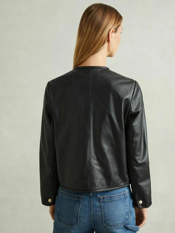 REISS Leather Jackets Women Cropped Leather Jacket Black