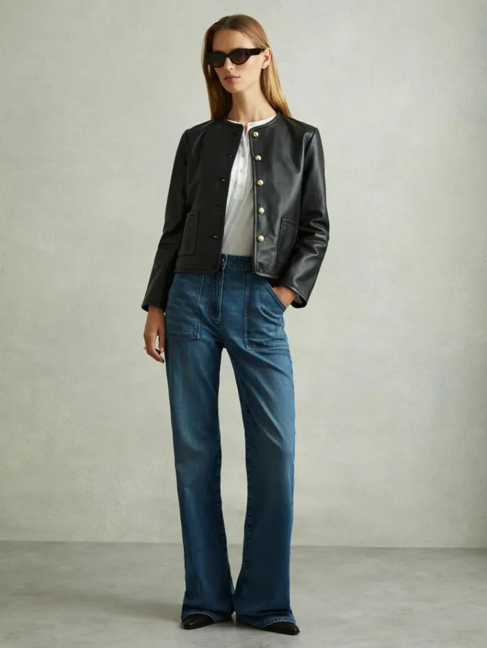 REISS Leather Jackets Women Cropped Leather Jacket Black