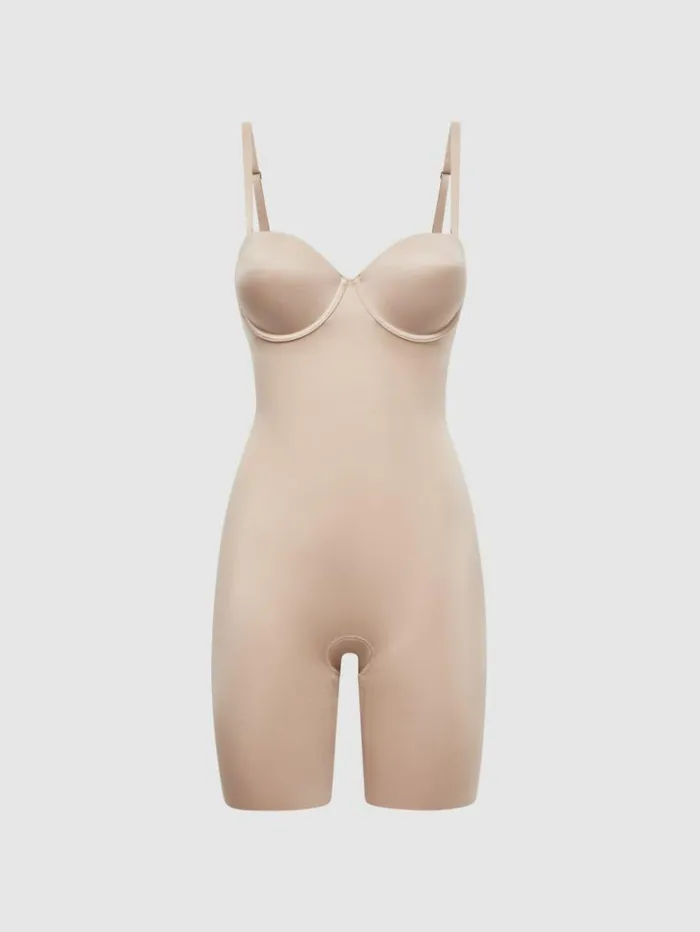 REISS Lingerie Women Spanx Shapewear Firming Strapless MidThigh Bodysuit With Cups Champagne