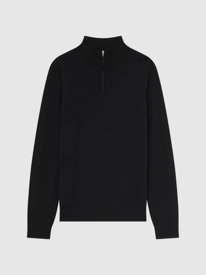 REISS Merino Sweaters Men Merino Wool HalfZip Funnel Neck Jumper Black