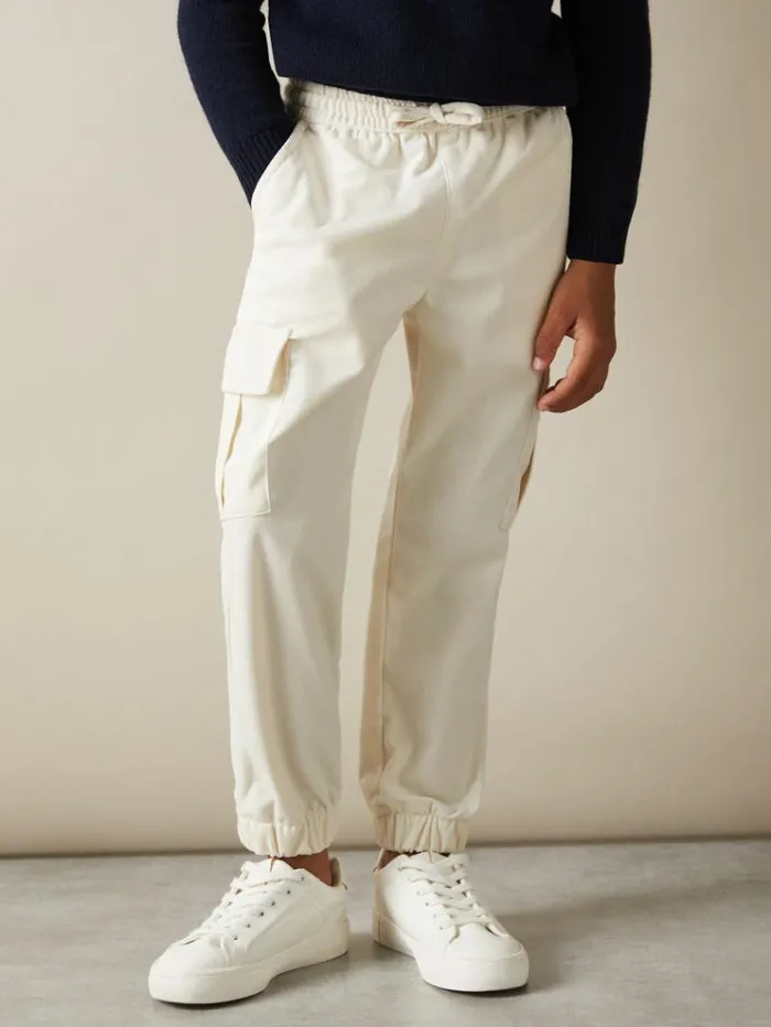 REISS Pants Children Corduroy Drawstring Trousers Off White
