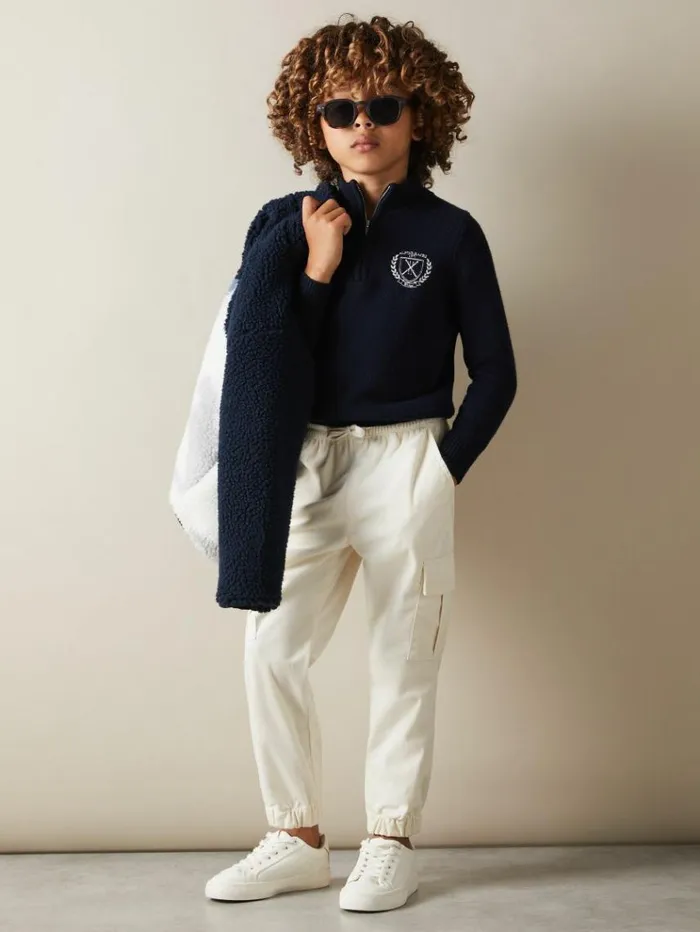 REISS Pants Children Corduroy Drawstring Trousers Off White