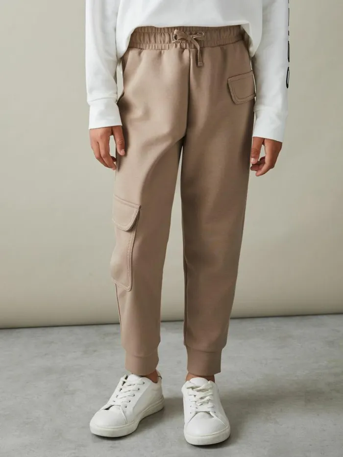 REISS Pants Children Drawstring Pocket Detail Tapered Joggers Camel