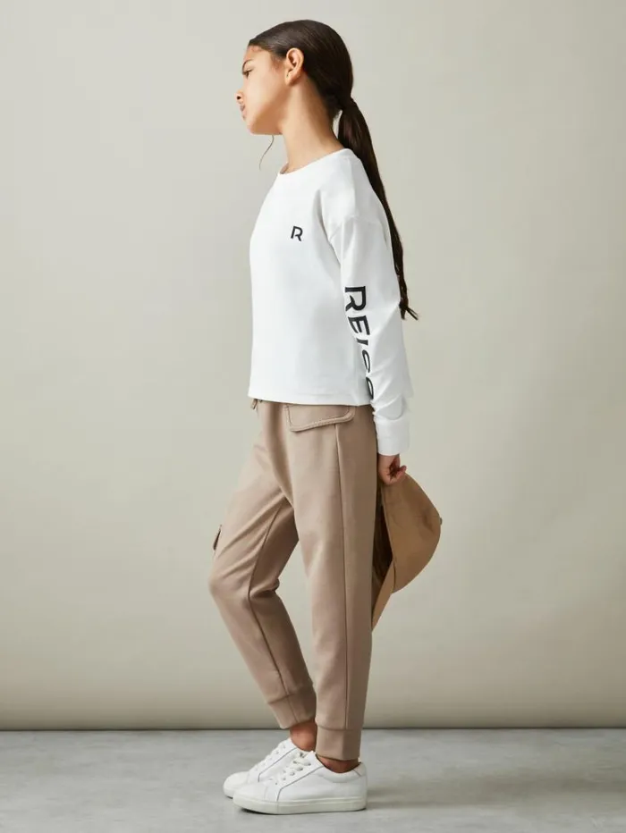REISS Pants Children Drawstring Pocket Detail Tapered Joggers Camel