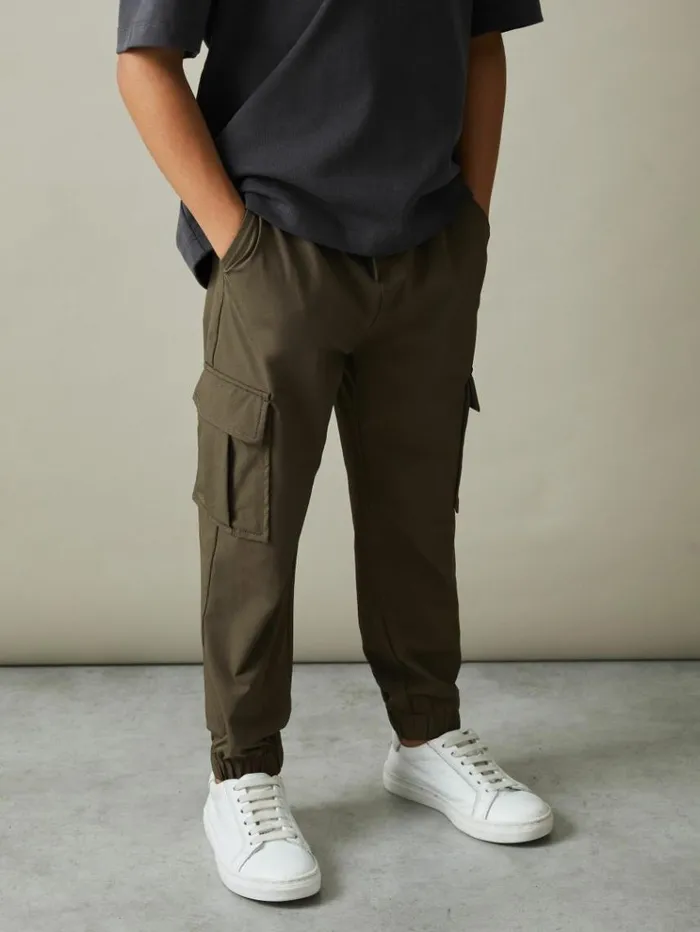 REISS Pants Children Technical Drawstring Cuffed Cargo Trousers Khaki Green