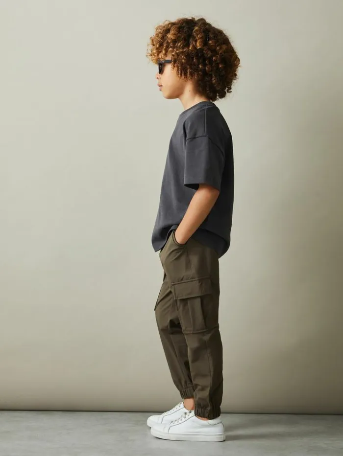 REISS Pants Children Technical Drawstring Cuffed Cargo Trousers Khaki Green