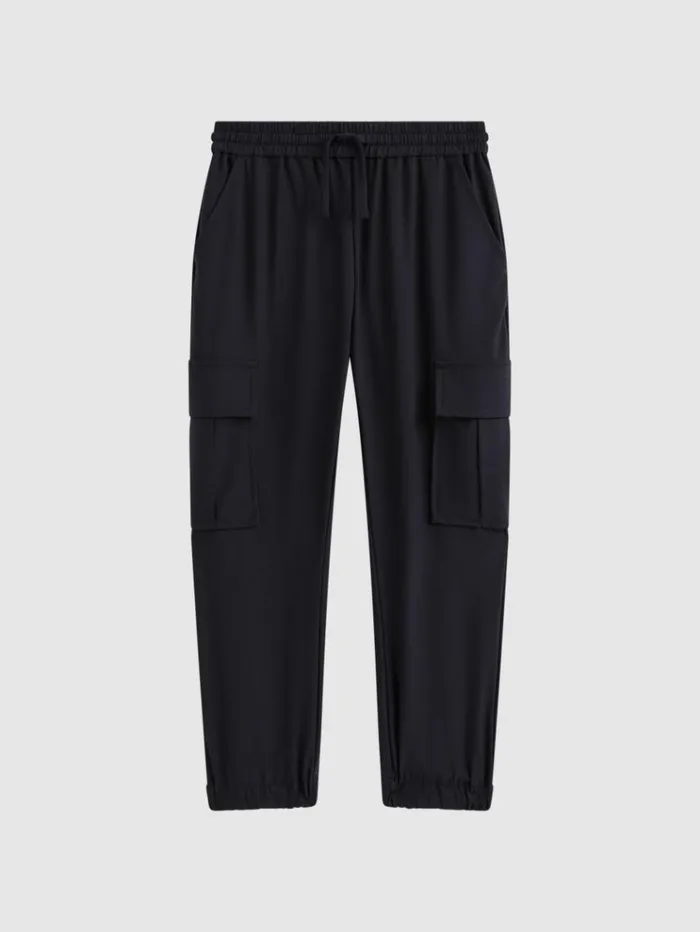 REISS Pants Children Technical Drawstring Cuffed Cargo Trousers Navy