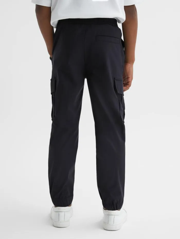 REISS Pants Children Technical Drawstring Cuffed Cargo Trousers Navy