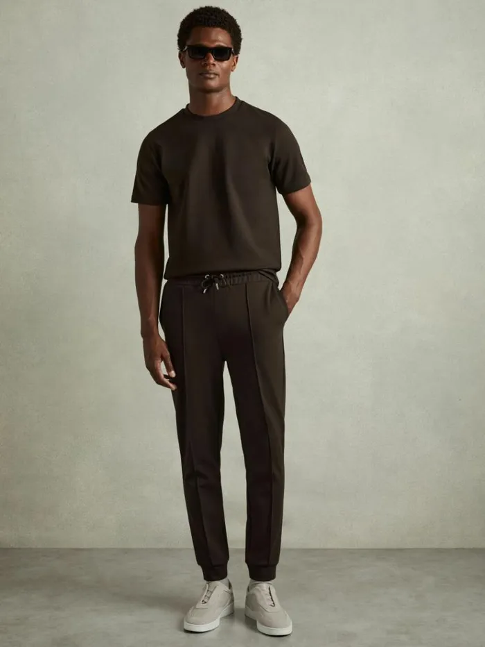 REISS Pants Men Interlock Jersey Drawstring Joggers Chocolate Brown