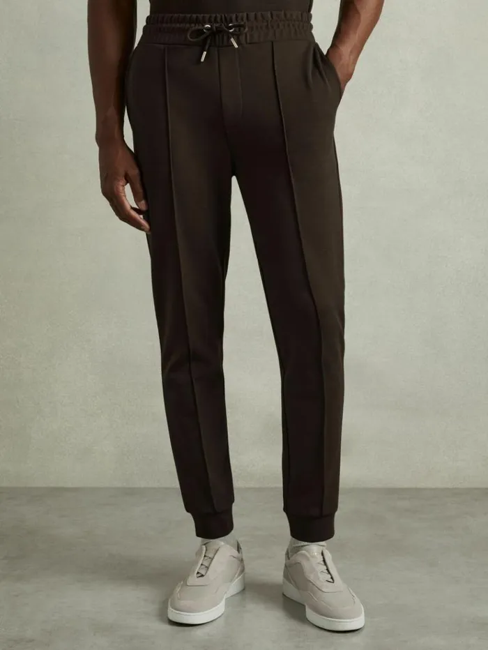 REISS Pants Men Interlock Jersey Drawstring Joggers Chocolate Brown
