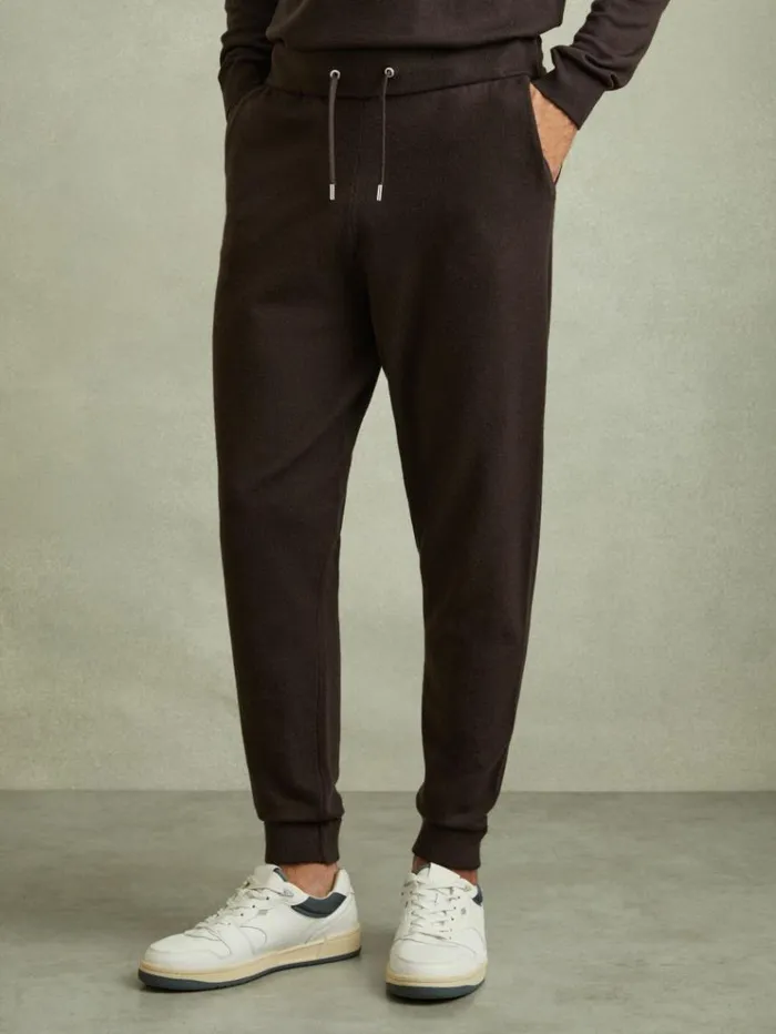 REISS Pants Men Merino Wool Blend Drawstring Joggers Coco Brown