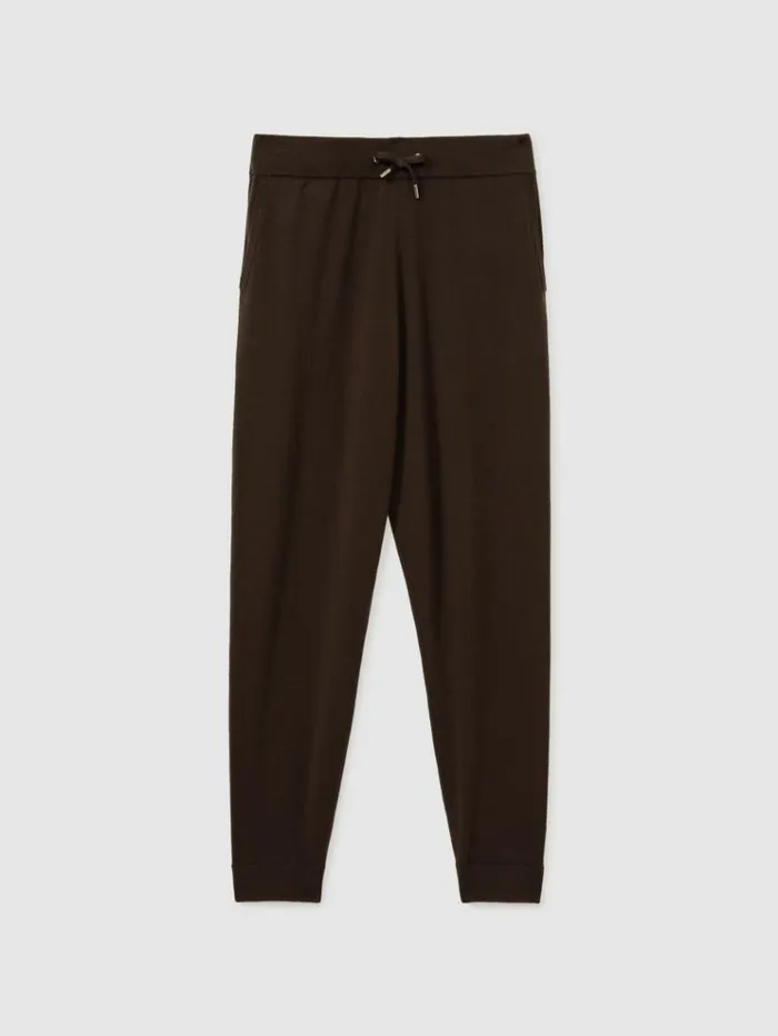REISS Pants Men Merino Wool Blend Drawstring Joggers Coco Brown