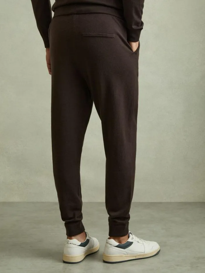 REISS Pants Men Merino Wool Blend Drawstring Joggers Coco Brown