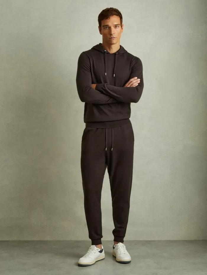 REISS Pants Men Merino Wool Blend Drawstring Joggers Coco Brown
