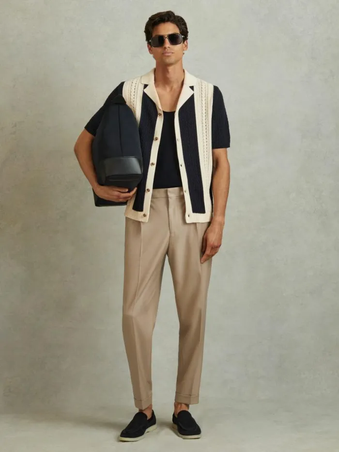 REISS Pants Men Relaxed Drawstring Trousers With TurnUps Soft Camel Brown