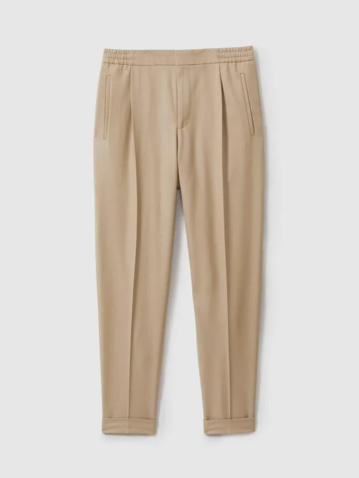 REISS Pants Men Relaxed Drawstring Trousers With TurnUps Soft Camel Brown