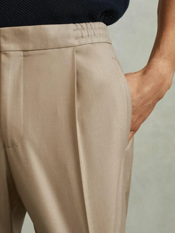 REISS Pants Men Relaxed Drawstring Trousers With TurnUps Soft Camel Brown