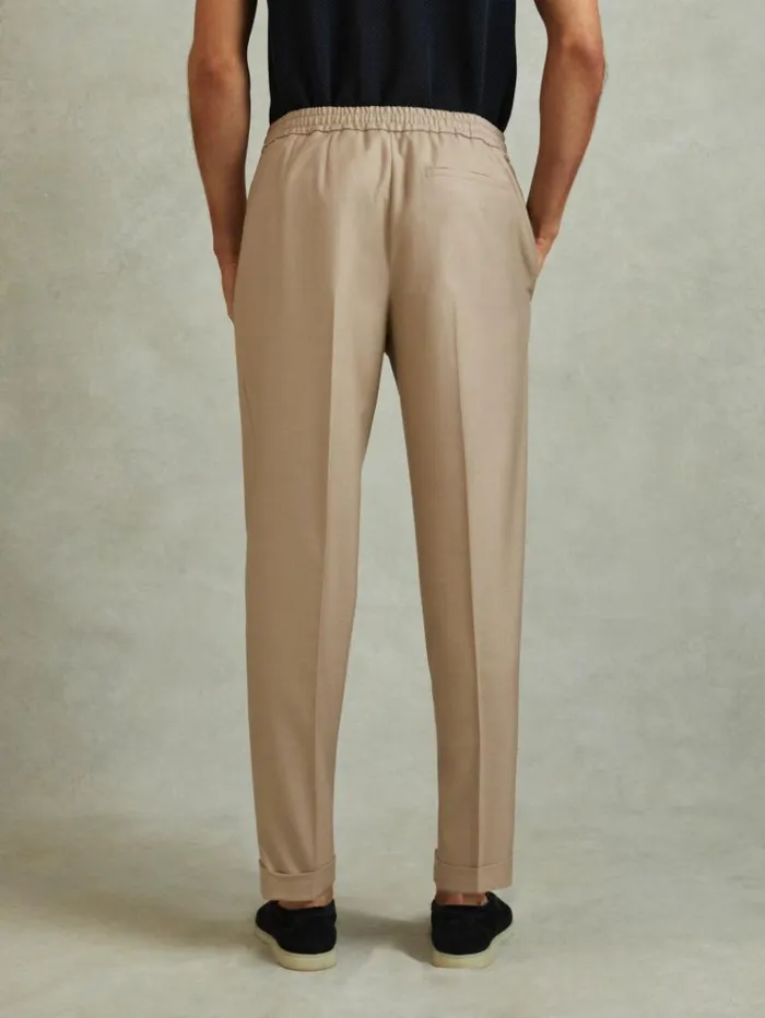 REISS Pants Men Relaxed Drawstring Trousers With TurnUps Soft Camel Brown