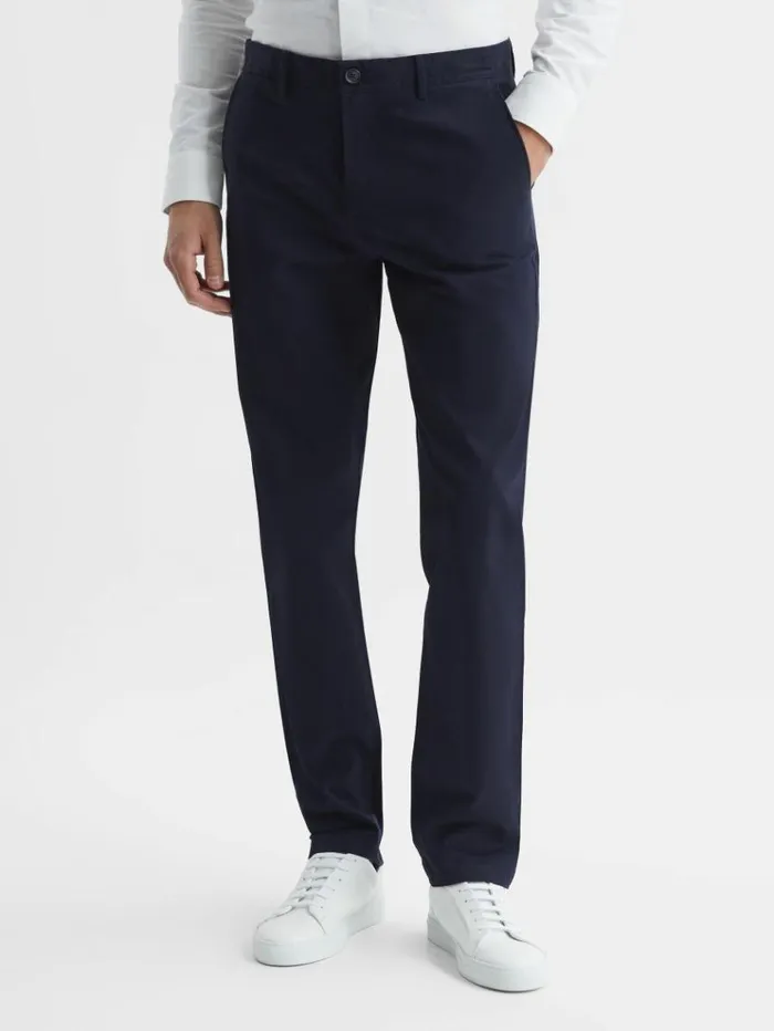 REISS Pants Men Slim Fit Washed Cotton Blend Chinos Navy
