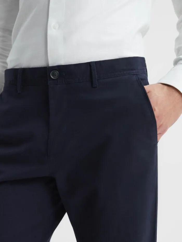 REISS Pants Men Slim Fit Washed Cotton Blend Chinos Navy