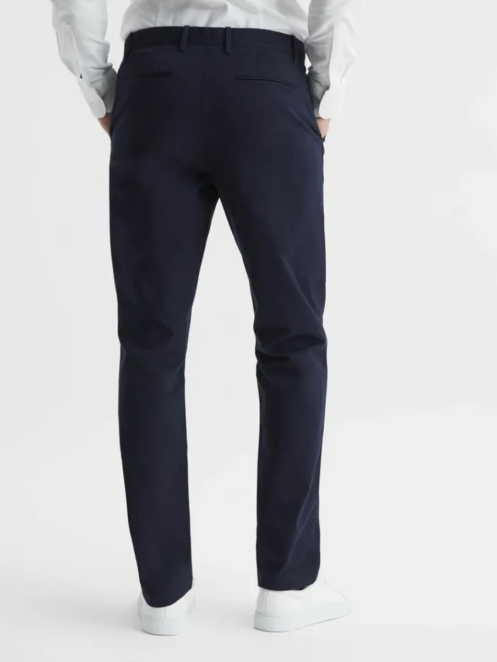 REISS Pants Men Slim Fit Washed Cotton Blend Chinos Navy