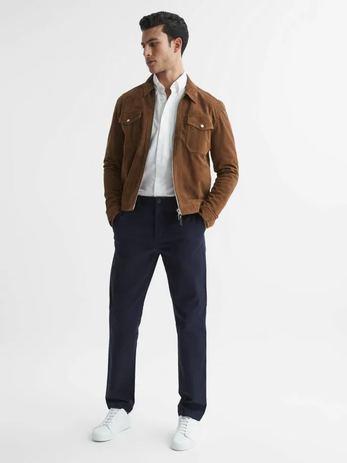 REISS Pants Men Slim Fit Washed Cotton Blend Chinos Navy
