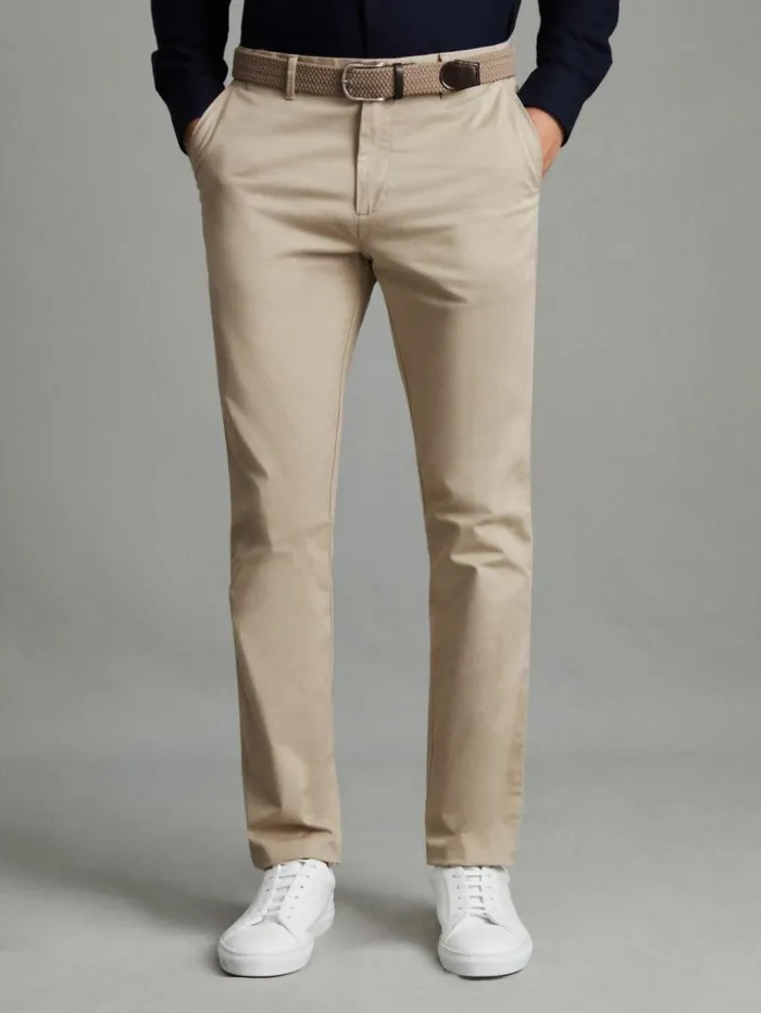 REISS Pants Men Slim Fit Washed Cotton Blend Chinos Stone