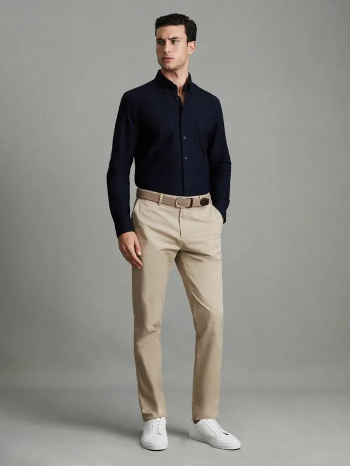 REISS Pants Men Slim Fit Washed Cotton Blend Chinos Stone