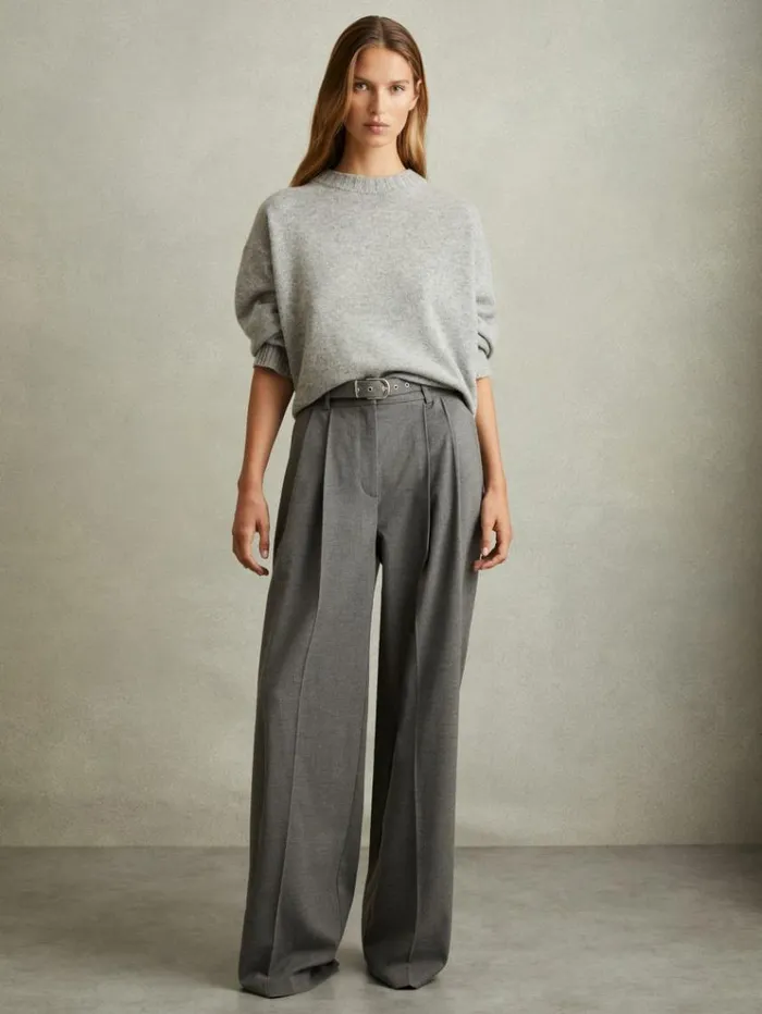REISS Pants Women Belted Wide Leg Trousers Grey