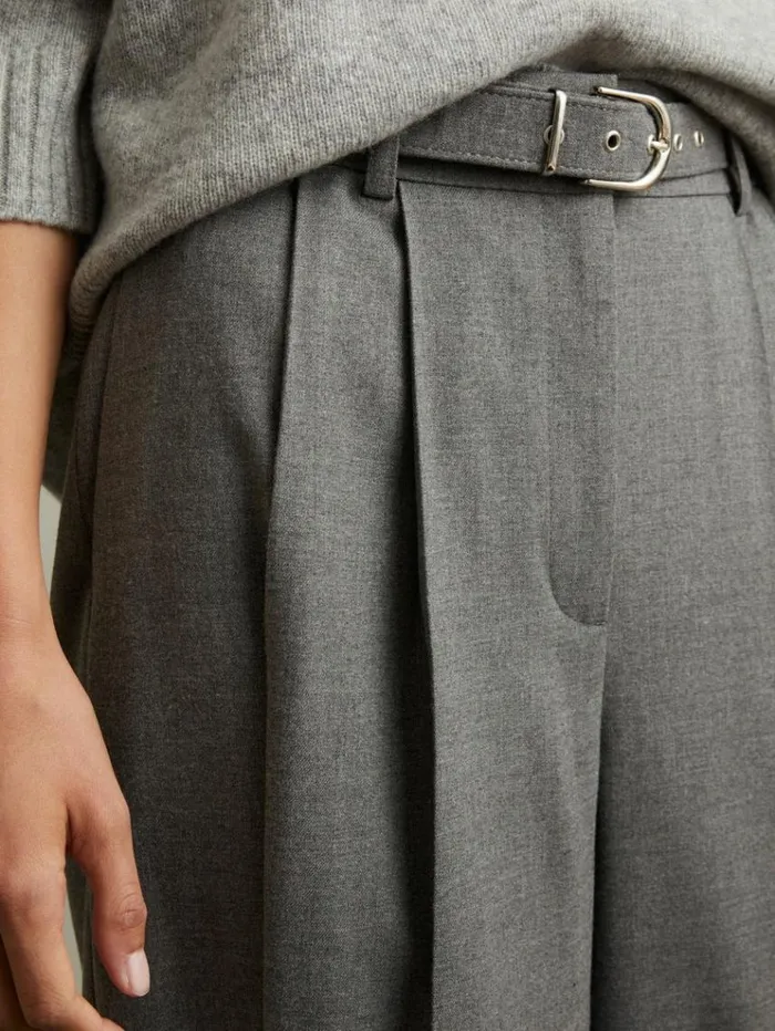 REISS Pants Women Belted Wide Leg Trousers Grey