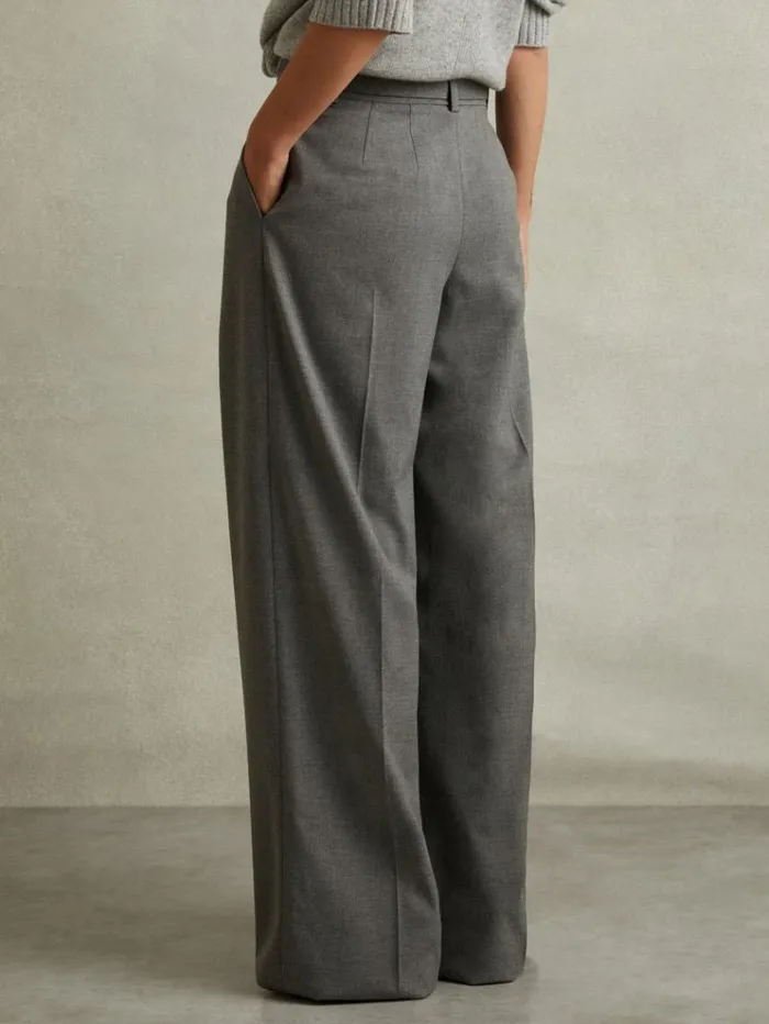 REISS Pants Women Belted Wide Leg Trousers Grey