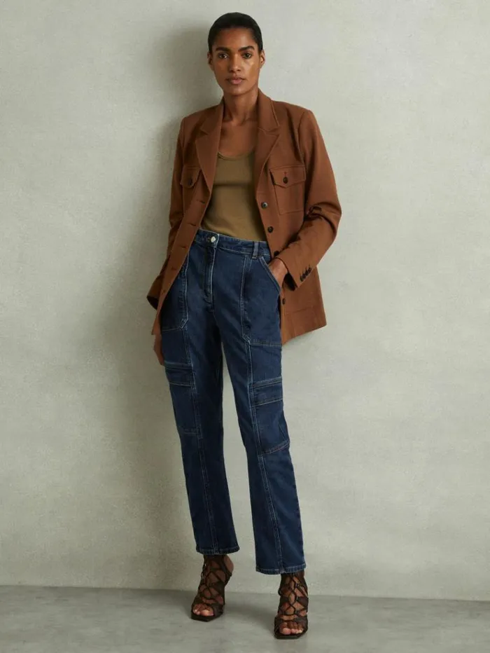 REISS Pants Women Garment Dyed Utility Tapered Jeans Dark Blue
