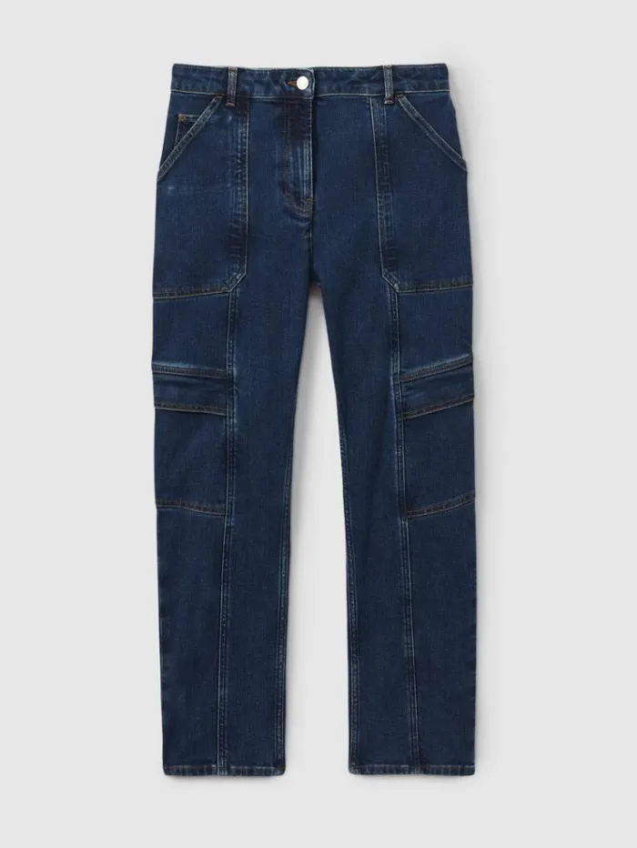 REISS Pants Women Garment Dyed Utility Tapered Jeans Dark Blue