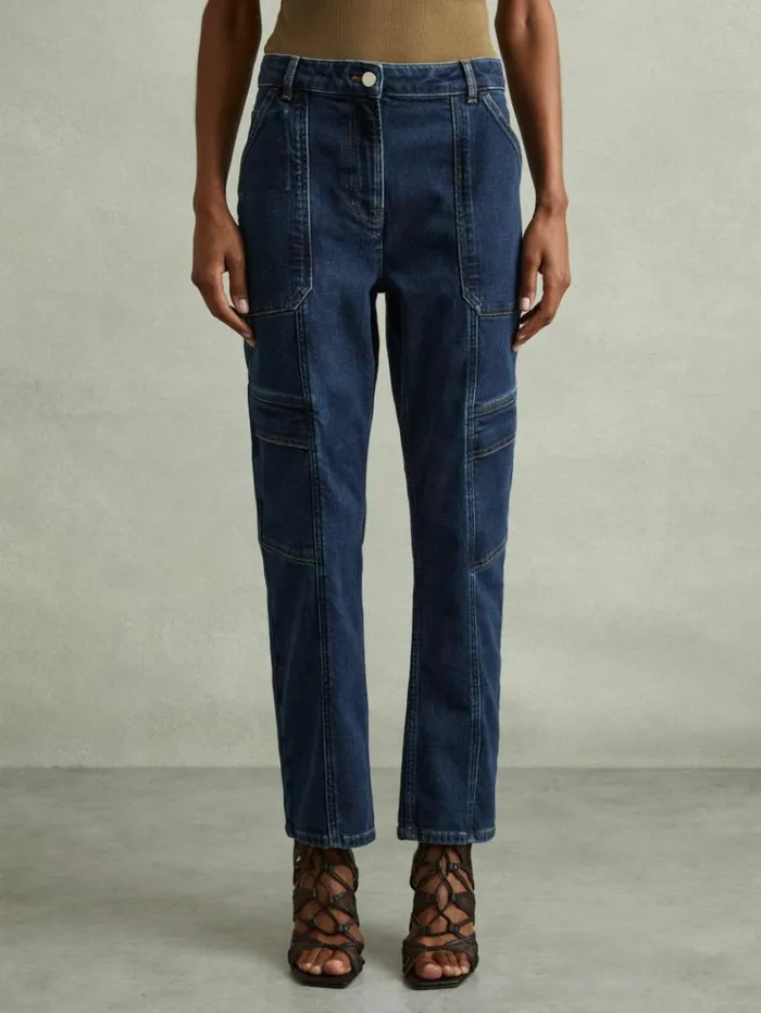 REISS Pants Women Garment Dyed Utility Tapered Jeans Dark Blue