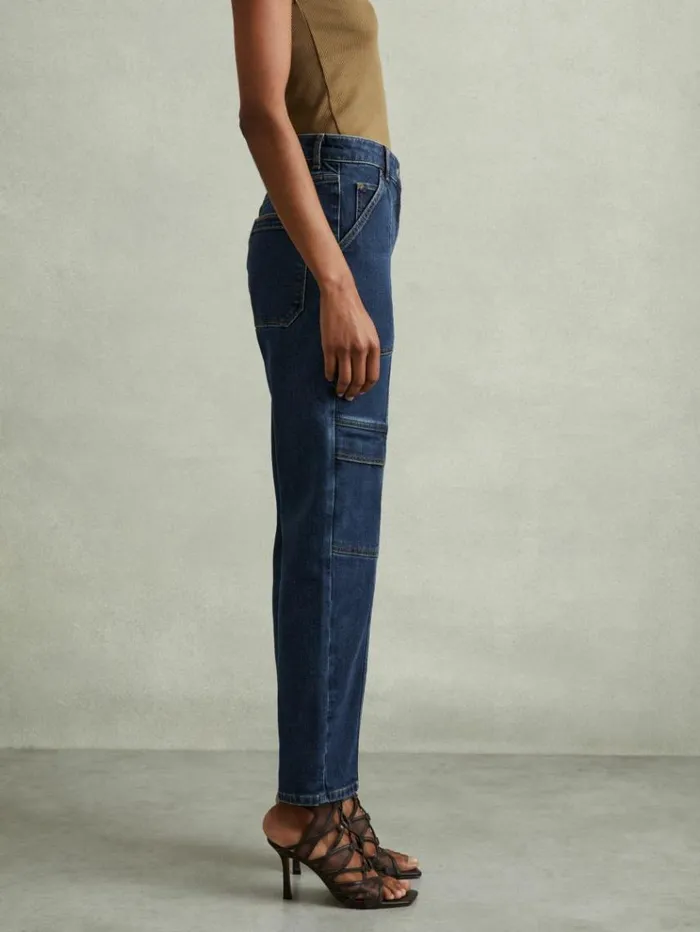 REISS Pants Women Garment Dyed Utility Tapered Jeans Dark Blue